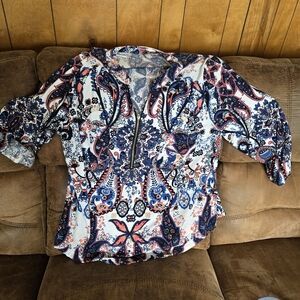 Women's Paisley Zip-Front Blouse in Navy and Coral
